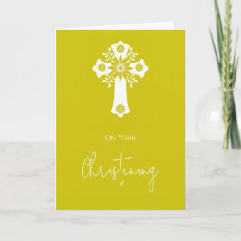 Floral Cross Card Christening Yellow Kort