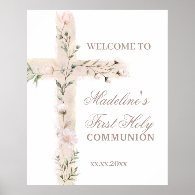 floral cross First Communion welcome sign Poster (Framsidan)