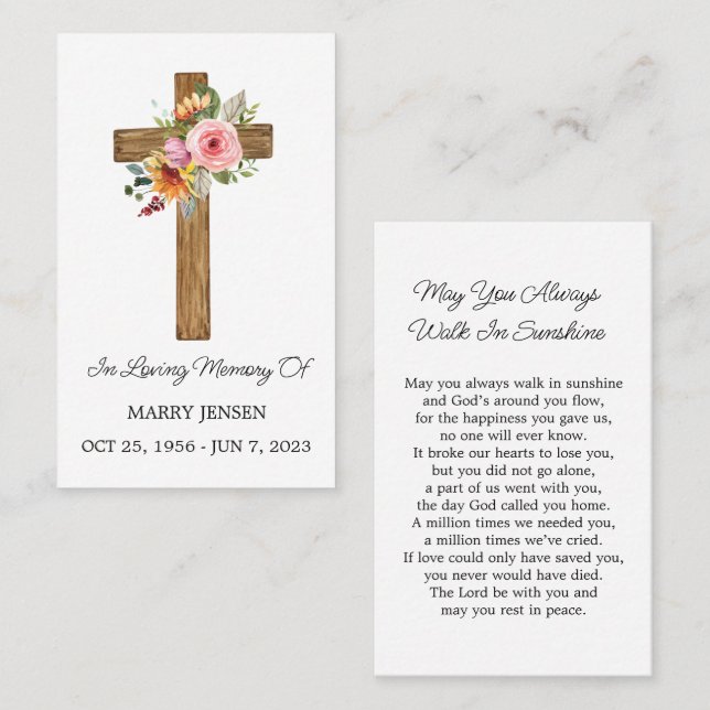 Floral Cross Memorial Funeral Prayer Card Visitkort (Fram/baksida)