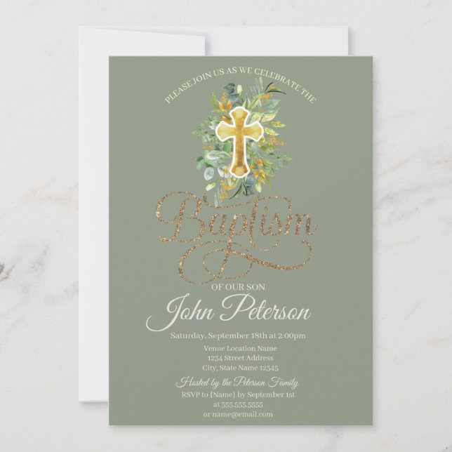  Floral Cross Sage Green Baptism Inbjudningar (Framsida)