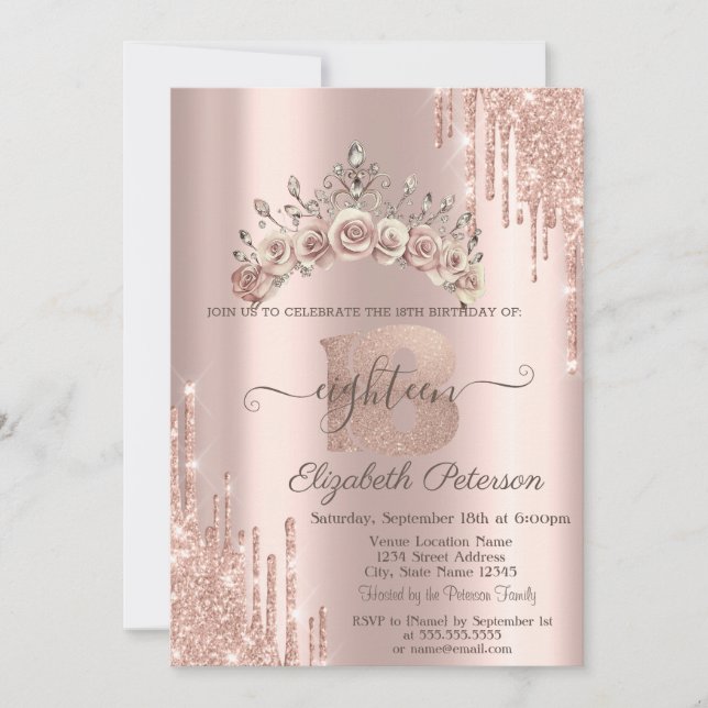 Floral Crown Glitter Drips Rose Gold 18th  Inbjudningar (Framsida)