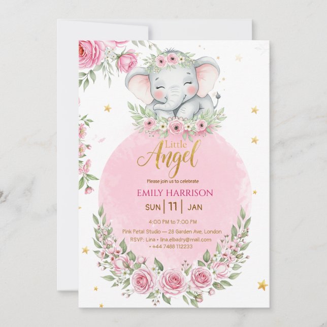 Floral Cute Elephant Girl Baby Shower Invitation (Framsida)