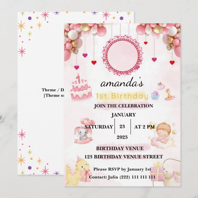 Floral  – Cute Pastel Baby 1st Birthday Party Inbjudningar (Fram/baksida)