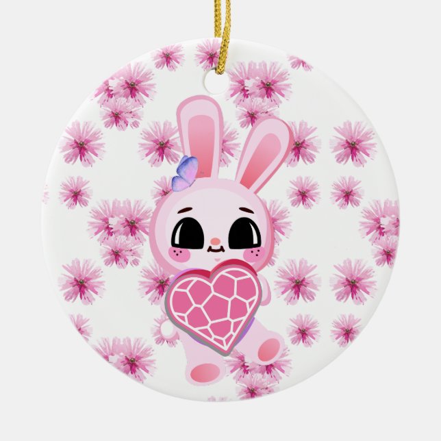 Floral cute pink rabbit easter julgransprydnad keramik (Framsidan)