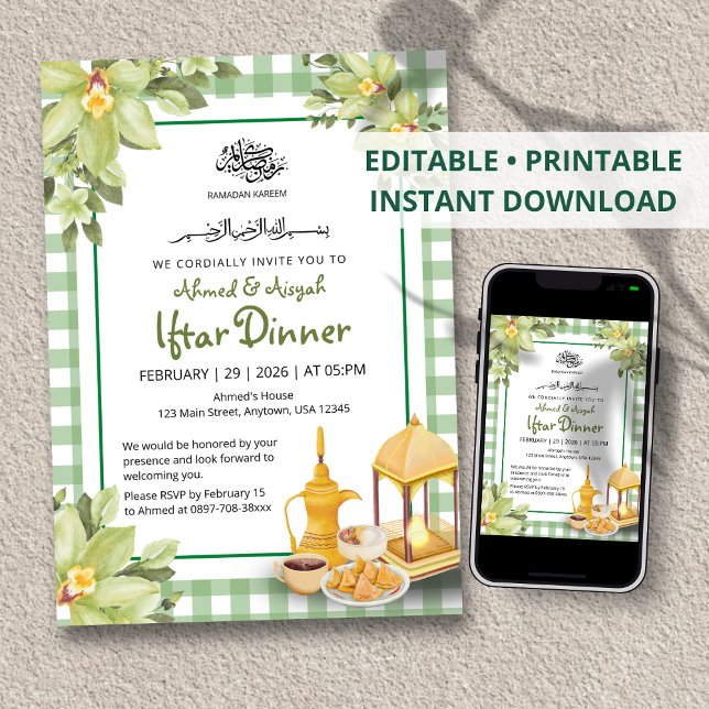 Floral Cute Sage Green Gingham Ramadan Iftar Inbjudningar (Skapare uppladdad)