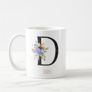 Floral D Monogram Name Black Polka Dot Coffee Mug Kaffemugg