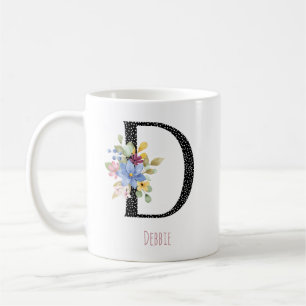 Floral D-monogram namn svart polkagris kaffemugg