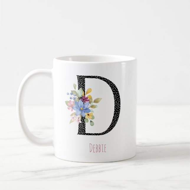Floral D-monogram namn svart polkagris kaffemugg (Vänster)