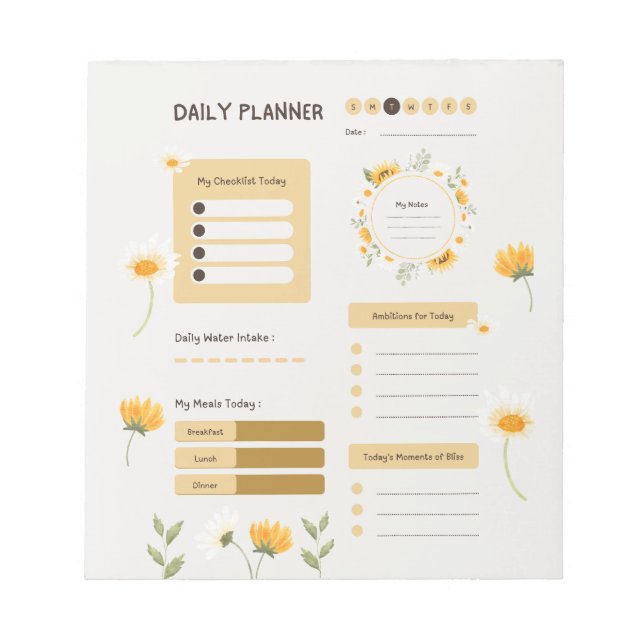 Floral Daily Planner with Sunflowers & Daisies Anteckningsblock (Framsida)