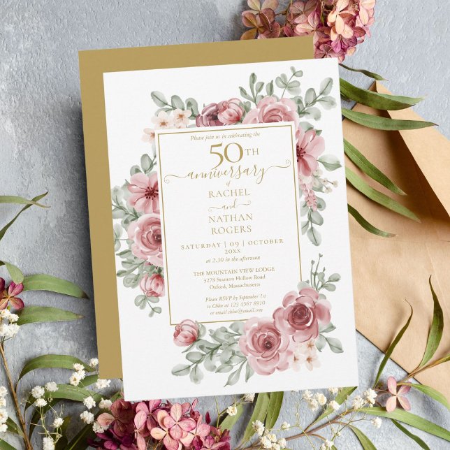 Floral Damigul 50-års gyllene bröllopsjubileum  Inbjudningar (Skapare uppladdad)