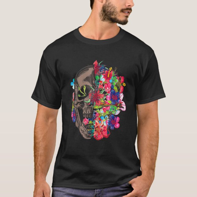 Floral Dead Sugar Skull Flower Roses T Shirt (Framsida)