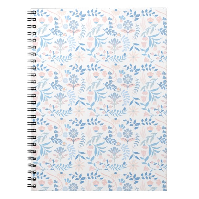 Floral design boho block print blue pink girly anteckningsbok (Framsidan)
