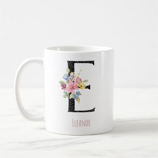 Floral E Monogram Name Black Polka Dot Coffee Mug Kaffemugg