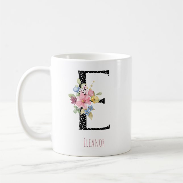Floral E Monogram Name Black Polka Dot Coffee Mug Kaffemugg (Vänster)