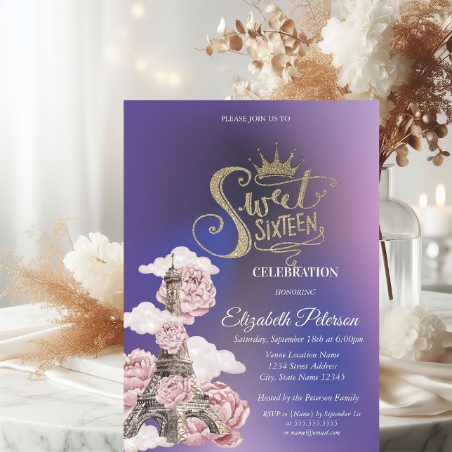 Floral Eiffel Tower Violet Sweet 16 Inbjudningar (Skapare uppladdad)
