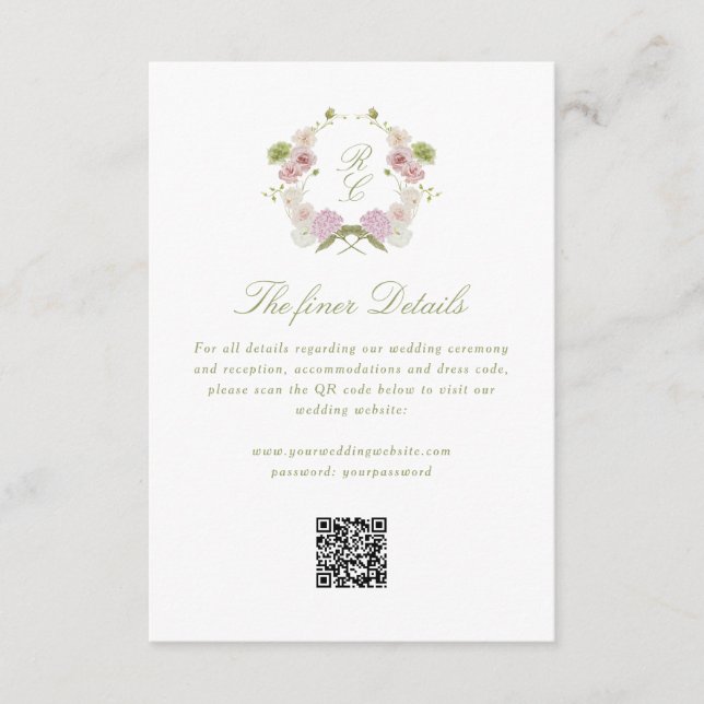 Floral Elegance Monogram Crest Wedding Details Tilläggskort (Framsida)