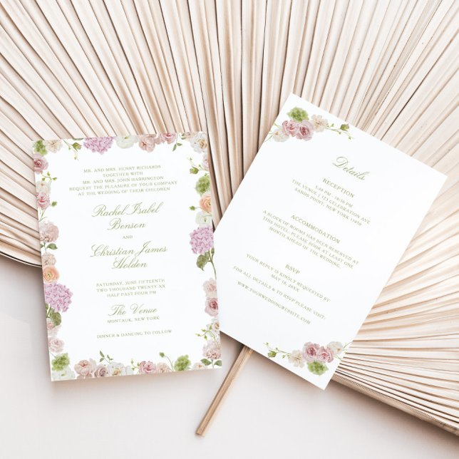 Floral Elegance Pink Green All in one Wedding Inbjudningar (Skapare uppladdad)