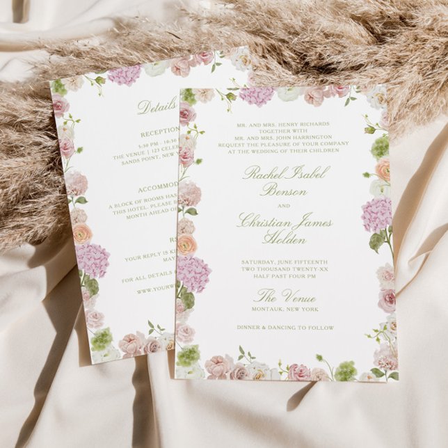 Floral Elegance Pink Green All in one Wedding Inbjudningar (Skapare uppladdad)