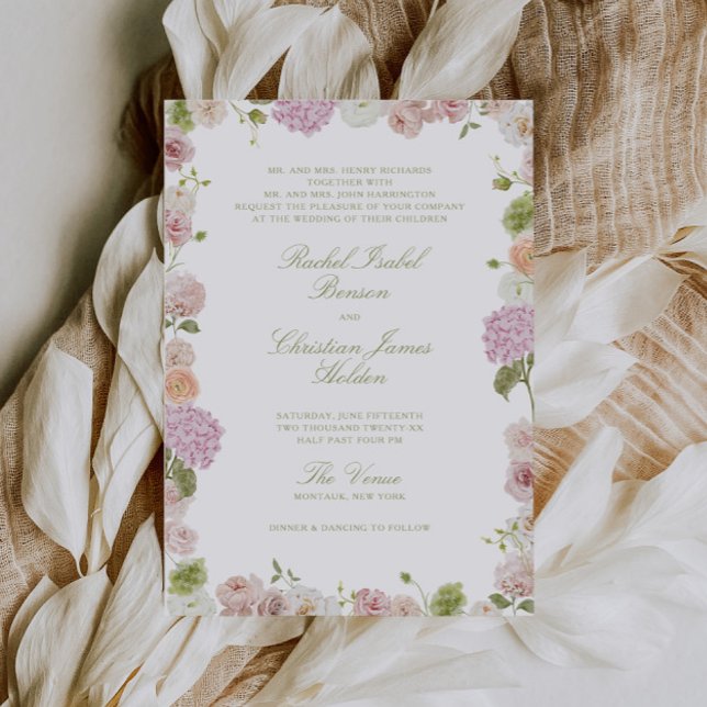 Floral Elegance Pink Green Frame Wedding Inbjudningar (Skapare uppladdad)