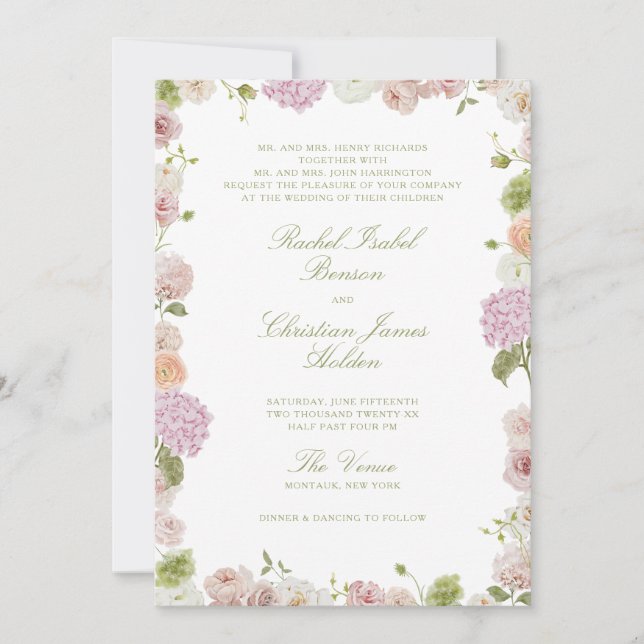 Floral Elegance Pink Green Frame Wedding Inbjudningar (Framsida)