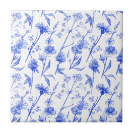 Floral Elegant Blue Flowers Ceramic Tile Kakelplatta