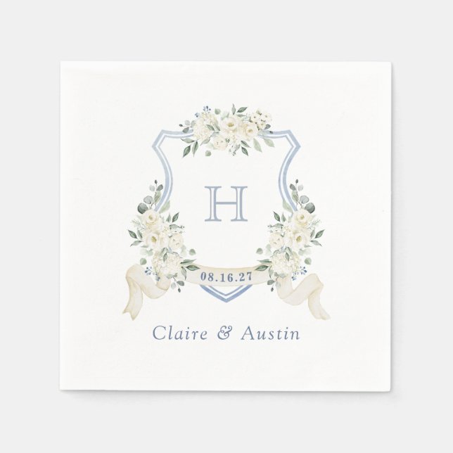 Floral Elegant Crest Dusty Blue Wedding Monogram Pappersservett (Framsidan)