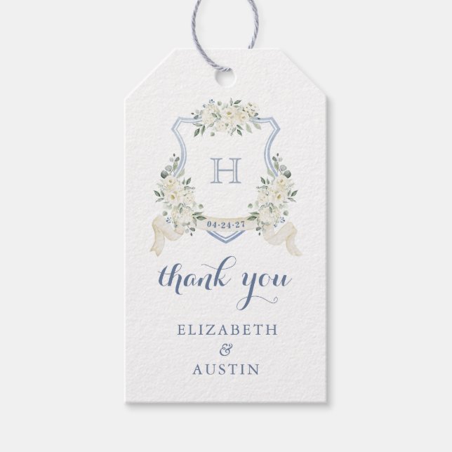 Floral Elegant Dusty Blue Crest Wedding Thank You Presentetikett (Framsidan)