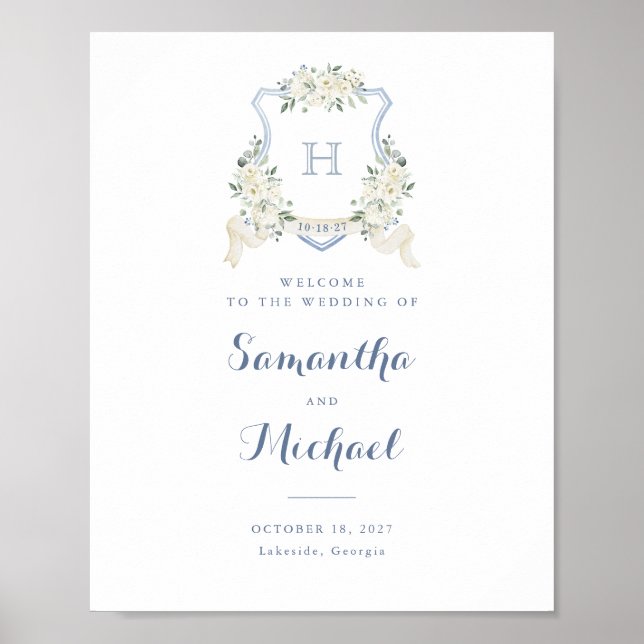 Floral Elegant Dusty Blue Crest Welcome Sign Poster (Framsidan)