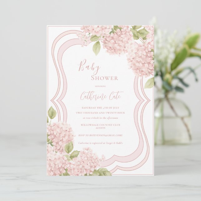Floral Elegant Pink Hydrangea Baby Shower Inbjudningar (Stående Fram)