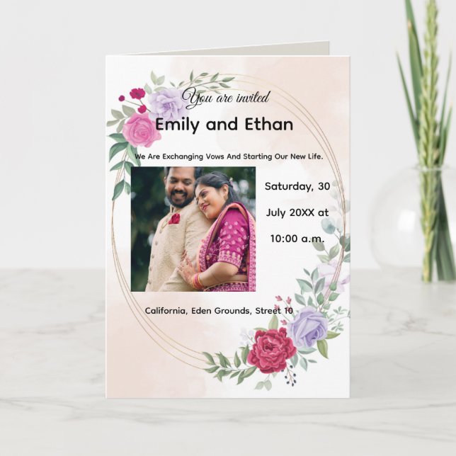 Floral Elegant Wedding Invitation with Couples. Kort (Framsida)