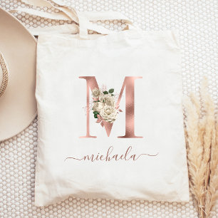 Floral Elfenbensrosé Guld Monogram Bokstav M Totev Tygkasse