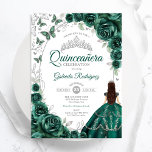 Floral Emerald Green Silver Quinceanera Inbjudningar<br><div class="desc">Emerald green silver and white floral Quinceanera celebration invitation. Features brunette girl in ball gown dress,  script font,  silver butterflies,  watercolor roses and tiara. Perfect for an elegant princess style glam celebration. Personalize with your own details. Printed Zazzle invitations or instant download digital printable template.</div>