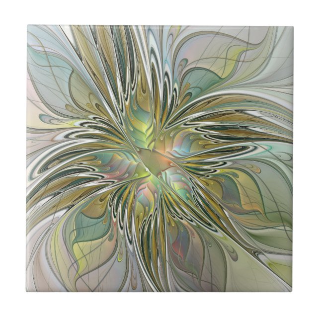 Floral Fantasy Modern Fractal Art Flower With Gold Kakelplatta (Framsidan)