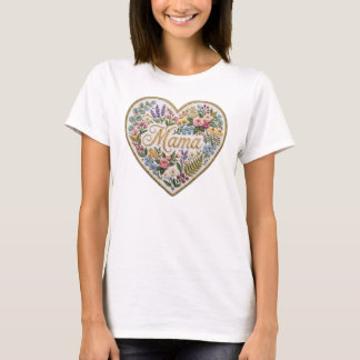 Floral Faux Embroidery Heart Mama T Shirt