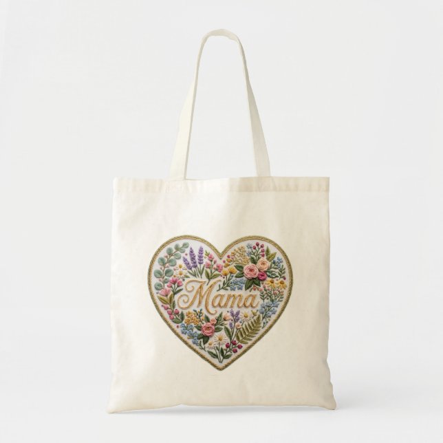 Floral Faux Embroidery Heart Mama Tygkasse (Framsidan)