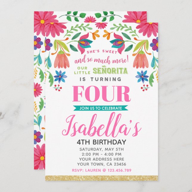 Floral Fiesta 4th Birthday Invitation Inbjudningar (Fram/baksida)