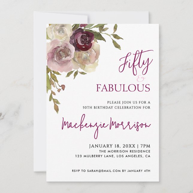 Floral Fifty and Fabulous Script Birthday Party Inbjudningar (Framsida)