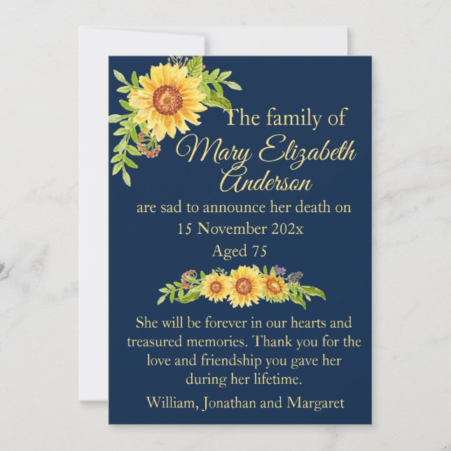 Floral Flower Death and Funeral Announcement Blue  Meddelande (Framsida)