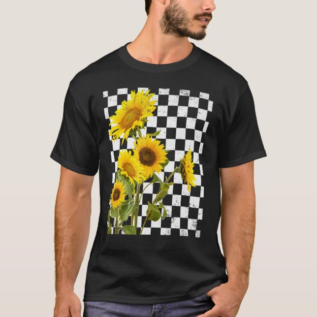 Floral Flower Enthusiast Checkerboard Chess Sunflo T Shirt (Framsida)