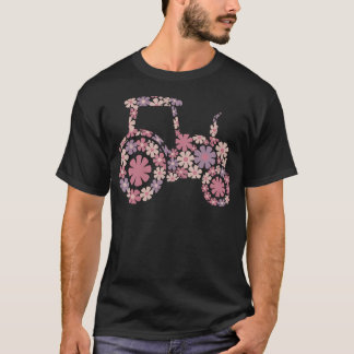 Floral Flower Tractor Silhouette Farming Girl T Shirt
