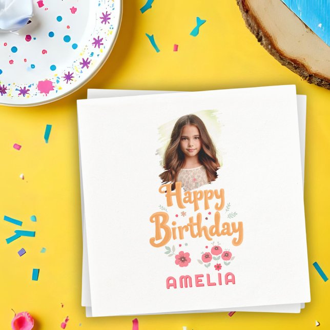 Floral Flowers Happy Birthday Handlettering Photo  Pappersservett (Skapare uppladdad)