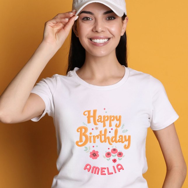 Floral Flowers Happy Birthday Handlettering T Shirt (Skapare uppladdad)