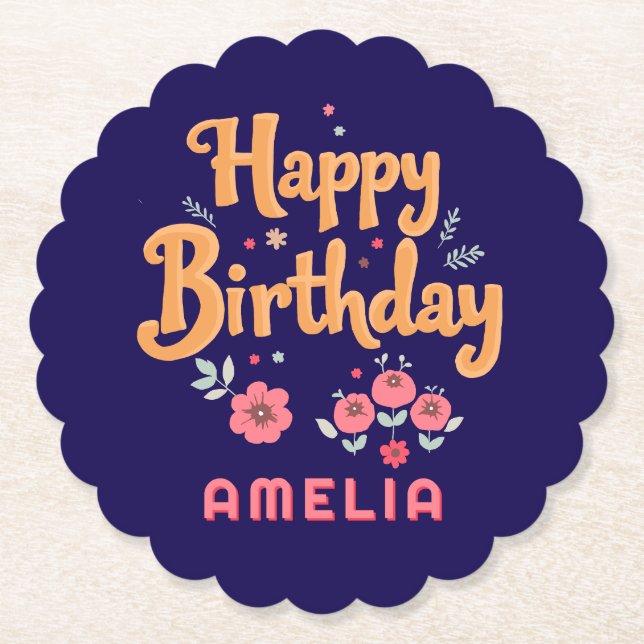 Floral Flowers Happy Birthday Handlettering Underlägg Papper (Framsida)