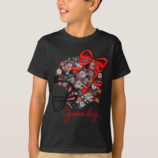 Floral Football Game Day Girly Team Srit Black Red T Shirt (Framsida)