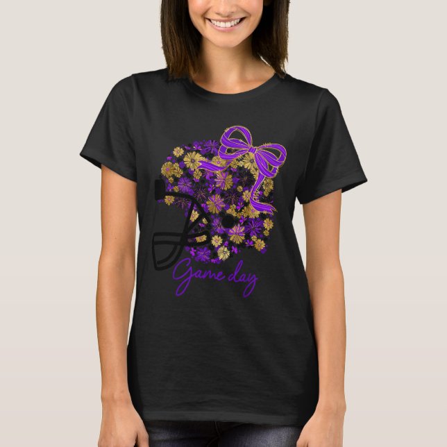 Floral Football Game Day Girly Team Srit Purple Bl T Shirt (Framsida)