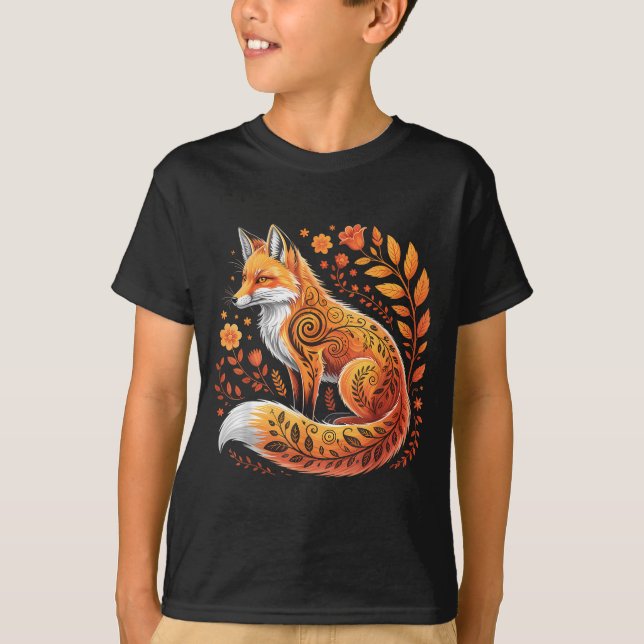 Floral Fox Flowers Art Fox In Autumn - Fall Fox  T Shirt (Framsida)