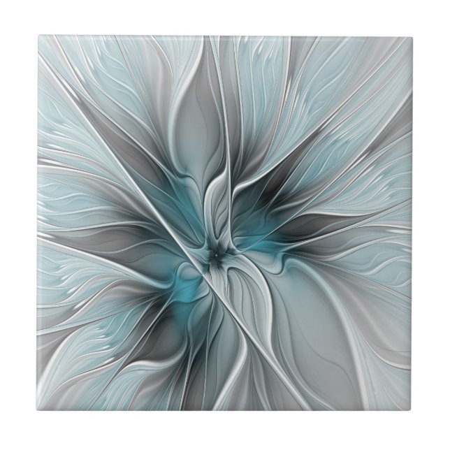 Floral Fractal Modern Abstract Flower Blue Gray Kakelplatta (Framsidan)