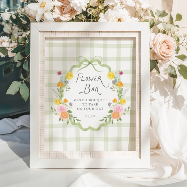 Floral Frame Green Gingham Baby Shower Flower Bar Poster (Skapare uppladdad)