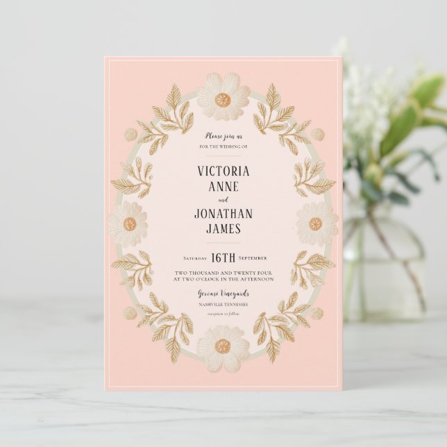 Floral Frame Peach Photo Wedding Invitation Inbjudningar (Stående Fram)