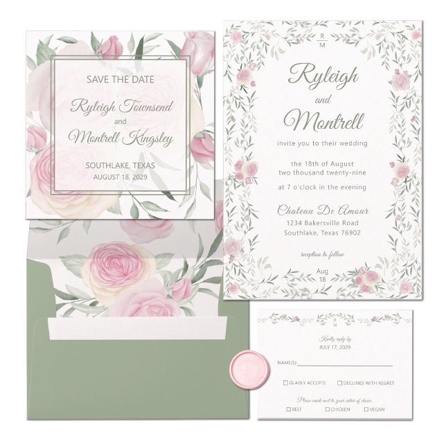 Floral Frame Pink Roses and Greenery Romantic Inbjudningar (Skapare uppladdad)
